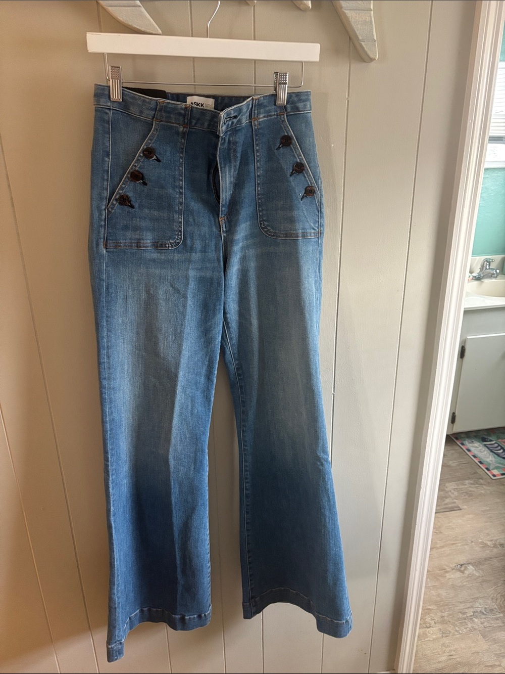 ASKK NY Light Blue High-Rise Wide Leg Jeans with Buttoned Patch Pockets